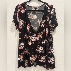 Torrid Black and Pink Floral Wrap Blouse